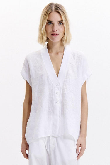Linen Button Through Top B112 White-Tops-Transit-Debs Boutique